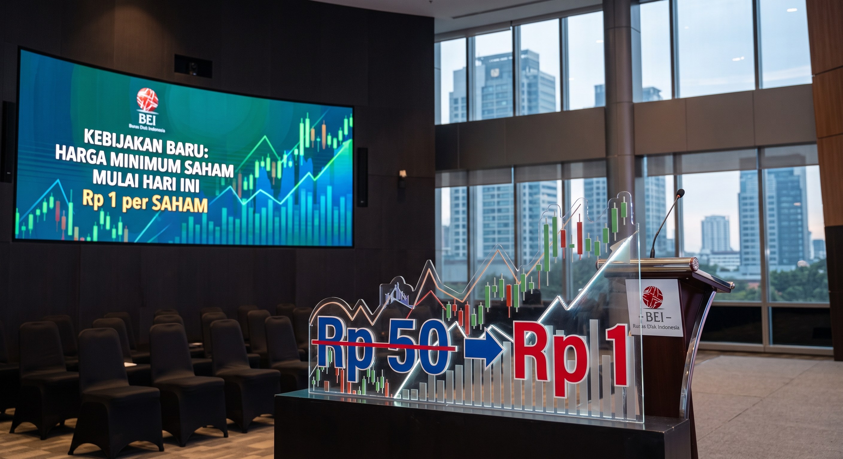 Papan pengumuman Bursa Efek Indonesia mengenai kebijakan harga minimum saham Rp1 per saham